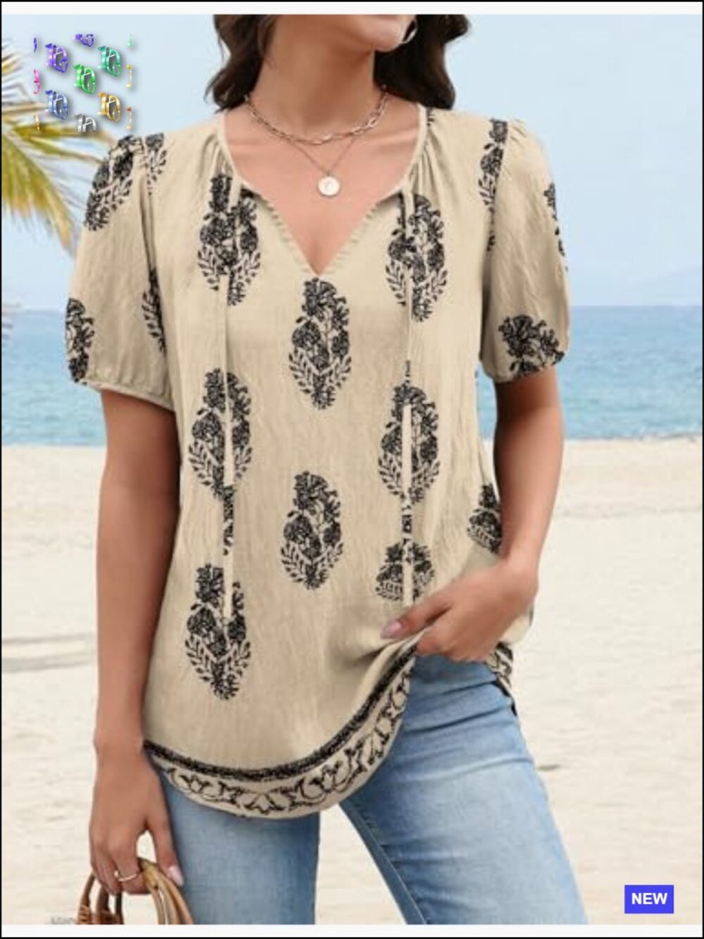 Boho Peasant Top V-Neck Tie Front Puff Sleeve Flowy Tunic Blouse Summer View 5